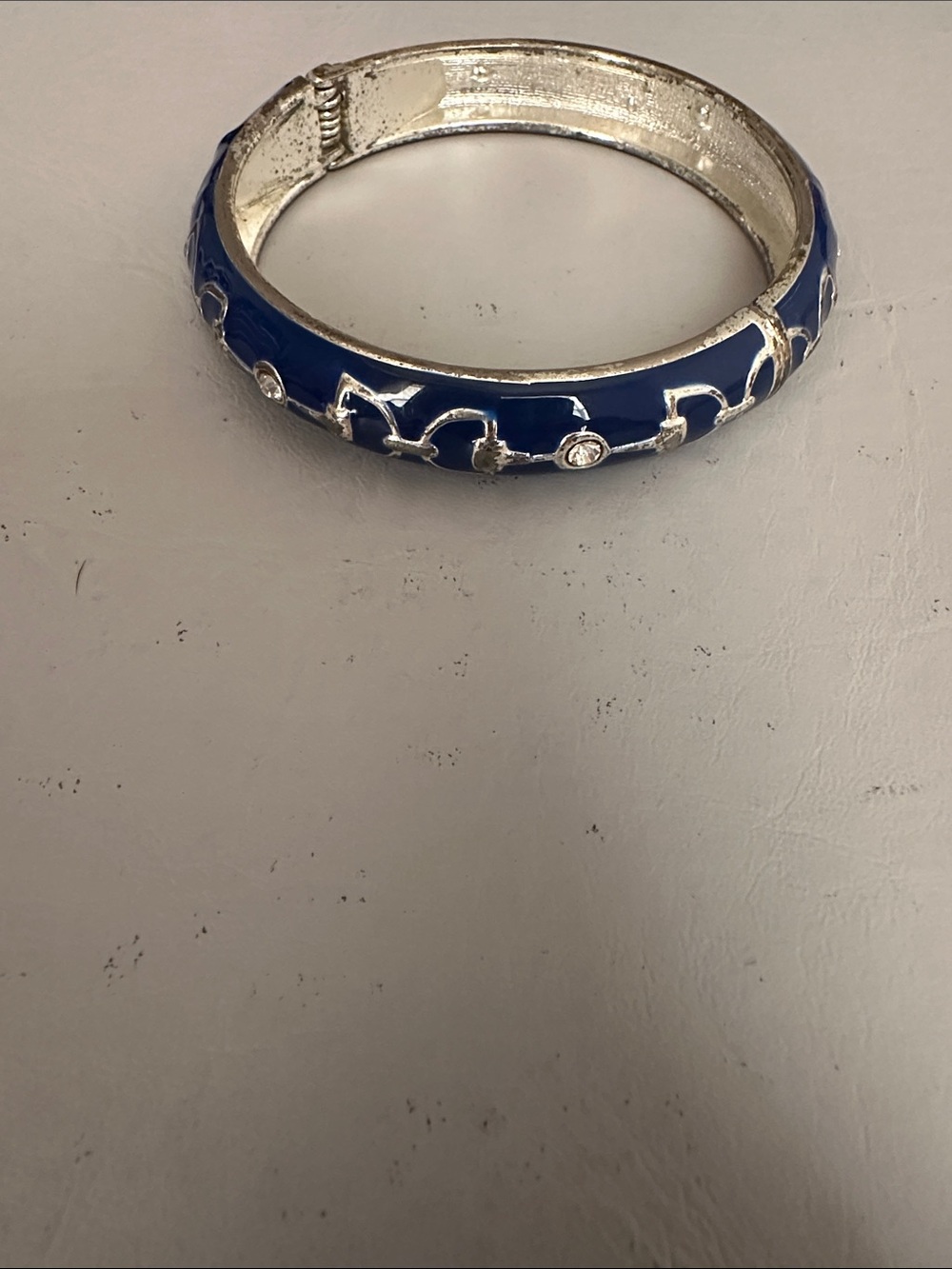 Sequin Royal Blue Enamel Hinged Bangle with Silver Filigree and Rhinestones